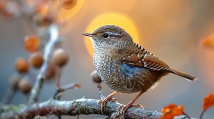 Fototapeta premium A beautifully detailed photograph of a small bird perched on a branch, showcasing its intricate feather patterns against a warm, softly blurred background with bokeh effect