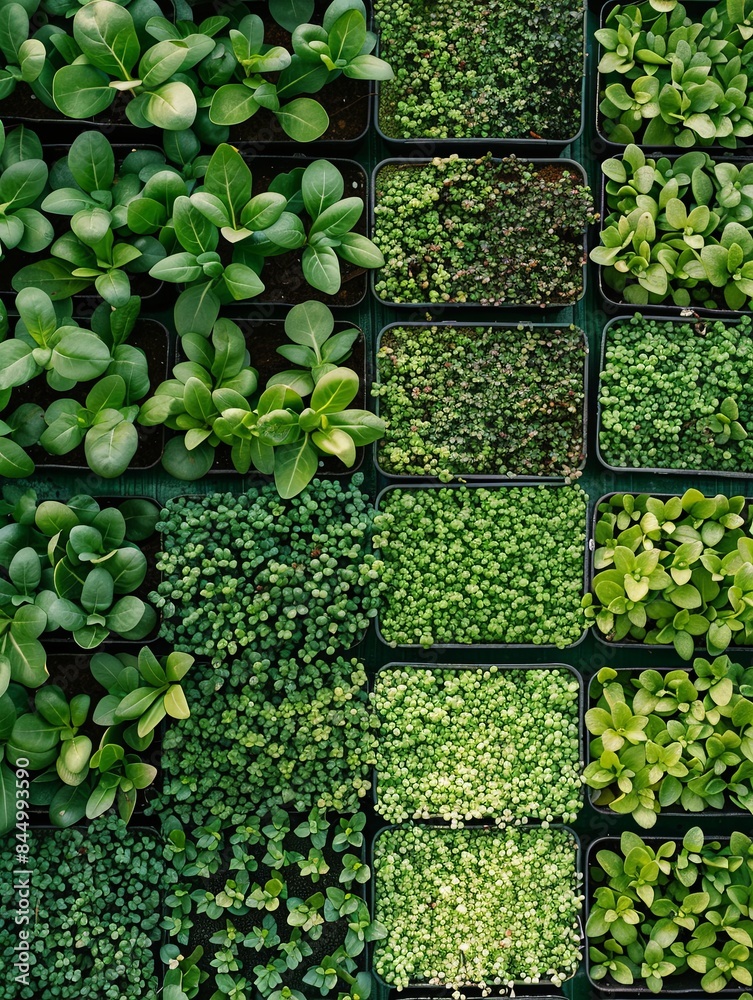 Leinwandbilder A top-down view of a microgreen farm, showcasing rows of trays filled with various types of microgreens. Generative AI