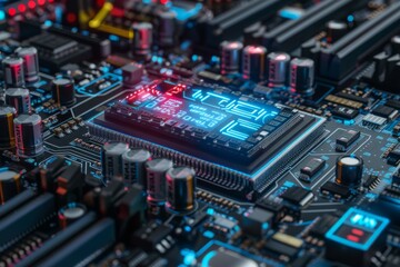 Obraz premium Fiery AI Chip on Circuit Board, Advanced Artificial Intelligence Technology, Futuristic Digital Components