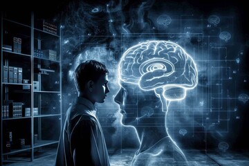 Man with Holographic AI Brain, Advanced Artificial Intelligence, Futuristic Digital Technology