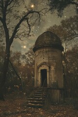 A mysterious, ancient stone structure stands under a star-filled night sky, enveloped by a dense forest with bare, intertwining branches creating an eerie yet captivating scene