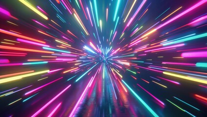 Fototapeta premium 3D render, abstract neon light rays background with colorful glowing lines and explosion effect