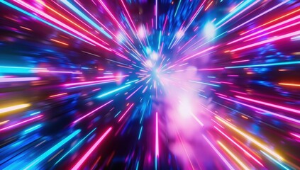 3D render, abstract neon light rays background with colorful glowing lines and explosion effect