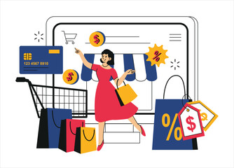 Online Shopping Concept Illustration. Women Shopping Online on a Website Illustration.