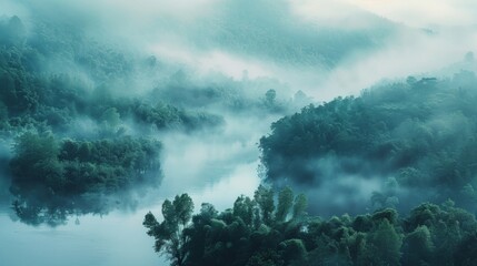 Blurred background of misty forests and meandering rivers evoking the sense of wonder and endless possibilities that come with discovering new landscapes. .