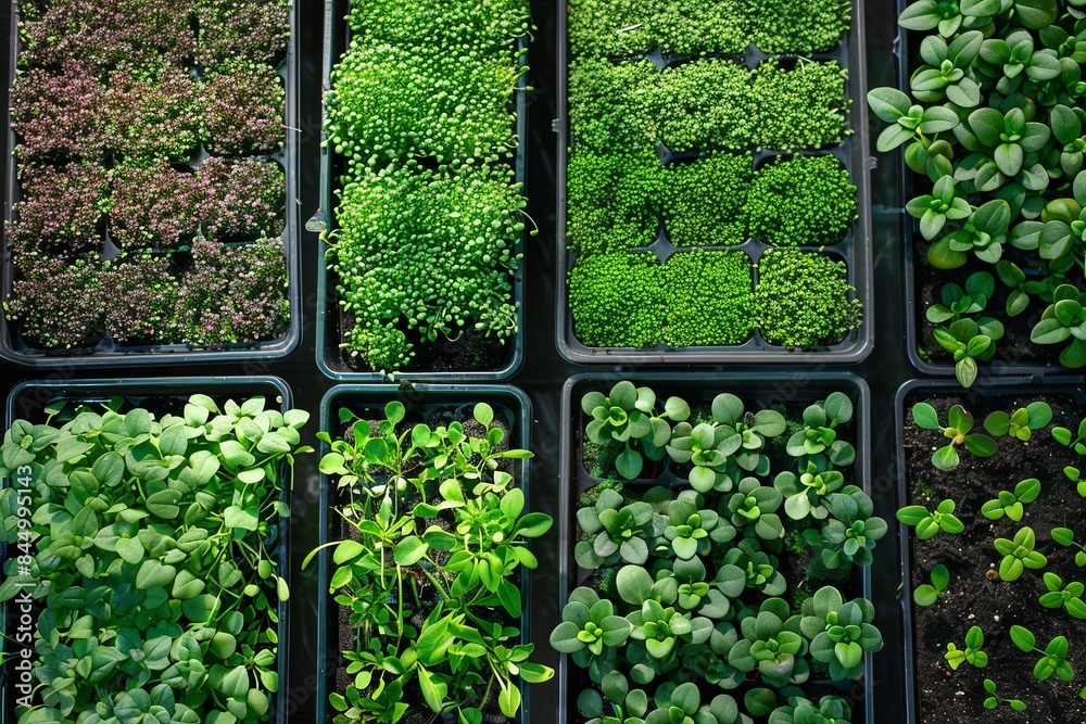 Poster A top-down view of trays filled with various types of microgreens, showcasing the diversity of these popular ingredients. Generative AI