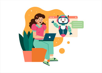 Chatbot Concept Illustration. Woman is Using Smart Chatbot Service on Laptop Illustration.