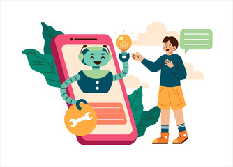 Chatbot Concept Illustration. Man is Using Smart Service with Smart Chatbot Illustration.
