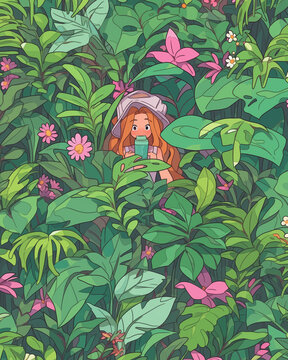 Plants pattern with tiny girl and flowers