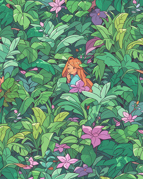 Plants pattern with tiny girl and flowers