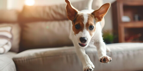 Fototapeta na wymiar Small dog jumping from the sofa at home