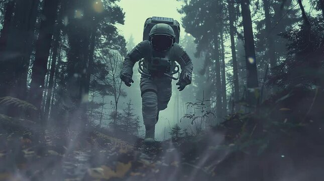 Astronaut exploring a mysterious misty forest, sprinting through the ethereal haze in a surreal interstellar adventure
 Seamless looping 4k time-lapse virtual video animation background. Generated AI