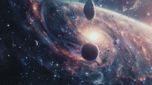 Dynamic celestial landscape showcasing two planets amidst a colorful galaxy
