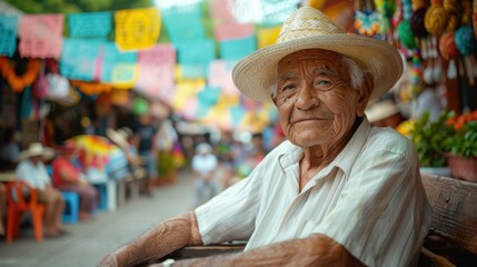 Elderly Man in Traditional Mexican Clothing in Mexico City Plaza Art Collage