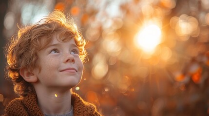 Fototapeta premium An enchanting scene of a young child with curly hair and freckles looking up at the golden sunlight in a beautiful autumn setting