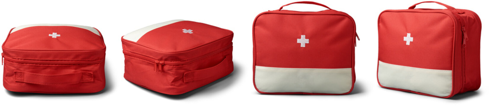 red first aid kit bags in different angles isolated white background, portable medicine canvas pouch with closed zipper for medical care in case of an emergency
