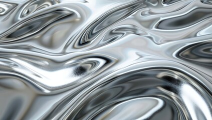 3d render of liquid silver metal abstract background, shiny chrome texture with waves and curves