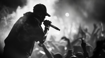 The blurry background of a rap concert reveals a sea of bodies writhing to the beat as the artist on stage dominates the foreground with their raw unbridled passion and commanding .