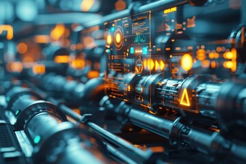 A futuristic energy storage system with glowing pipes and digital screens displaying data, representing the integration of advanced technology in sustainable power solutions.