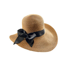 Elegant Straw Hat with Black Ribbon for Summer Fashion and Sun Protection on White Background