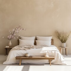 Minimalist Wall Art With Wooden Bench And Decorative Vase