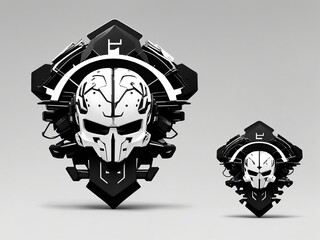 "Digital Guardian: Symmetrical Special Forces Badge with Minimalist Stylized Cyborg Brain, Black Ink on White"