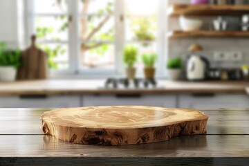 Selective focus.End grain wood counter top with cutting board on blur kitchen in morning window background.For montage product display or design key visual - generative ai