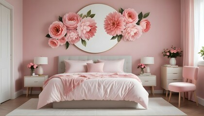 An HD image focusing on a modern bedroom with a large round mirror above a dresser, showcasing the room’s serene and spacious feel.