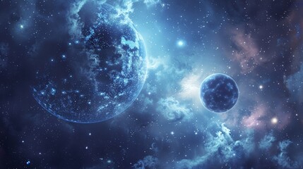 Fototapeta premium Defocused ling stars and wispy clouds compose a dreamy ethereal background for the softly glowing spheres of Ur and Neptune in this image of the outer realms of the Solar System. .