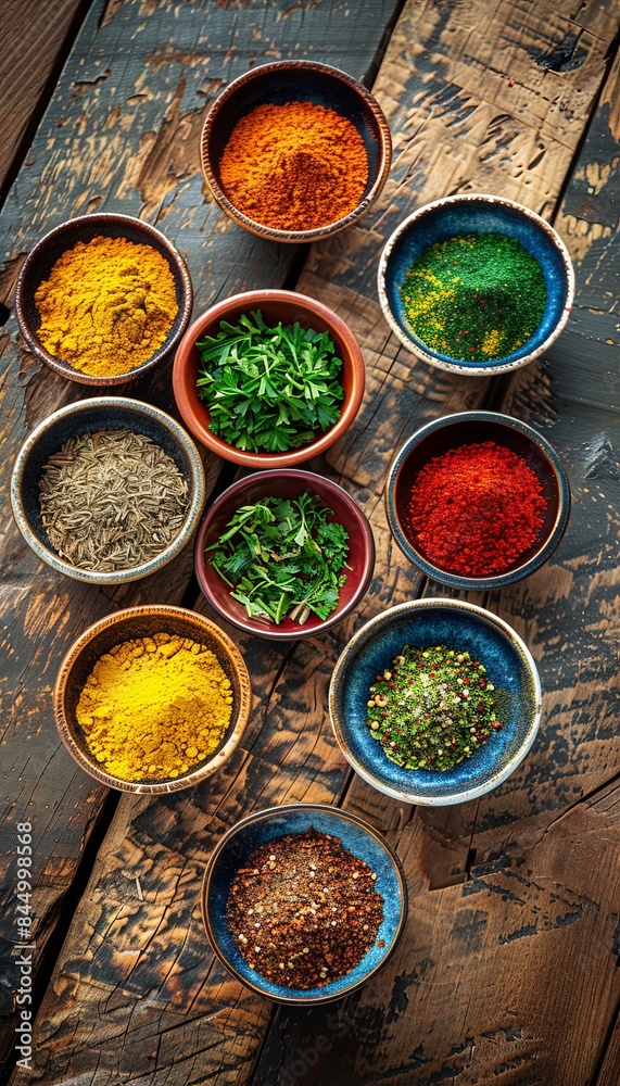 Aufkleber A top-down view of various spices in colorful ceramic bowls arranged on a rustic wooden surface. Generative AI