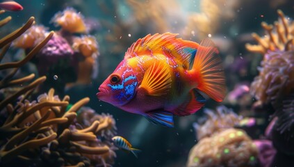 Obraz premium A colorful fish is swimming in the water surrounded by coral reefs