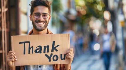 Smiling young man holding a cardboard sign with Thank you words