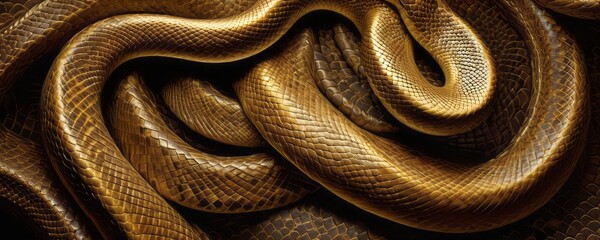 Fototapeta premium Gold and black python, snake or reptile skin background. King snake scale metallic texture, pattern for banner, wallpaper, poster. Snake as a Symbol of the year 2025. 
