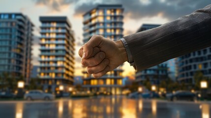 A clenched fist reaching out against a backdrop of city lights.
