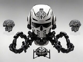 "Neural Sentinel: Symmetrical Special Forces Badge with Minimalist Stylized Cyborg Brain, Black Ink on White"