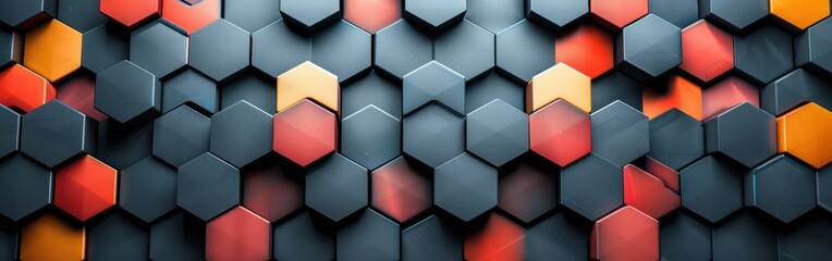 Futuristic Hexagonal Digital Background with Geometric Shapes in Turquoise and Red