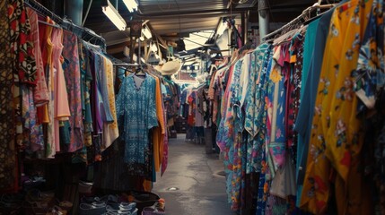 Fototapeta premium The stalls fade into the background as rows of mismatched clothing pieces create a dreamy and eclectic backdrop for the bustling marketplace. .