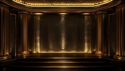 A gold room with a stage and a large wall with a gold frame