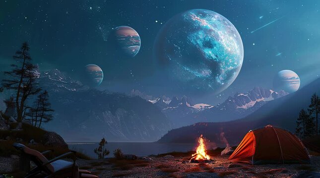 Scenic camping scene: Tent and bonfire on a hill at night under a starry sky with a distant planet
 Seamless looping 4k time-lapse virtual video animation background. Generated AI