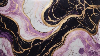 White, purple, black liquid acryl with gold veins abstract background, polished granite surface, close-up view. Flat lay, top view. Stone beige backdrop for banner, poster, wallpaper design