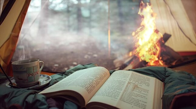 Book resting on the tent flap near a glowing bonfire, creating a cozy camping scene.
 Seamless looping 4k time-lapse virtual video animation background. Generated AI