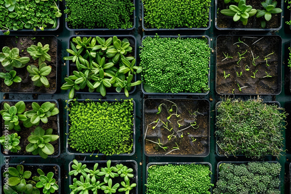 Leinwandbilder a close-up view of a microgreen farm, showing numerous trays filled with various types of microgreen