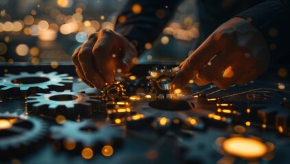 A businessman's hand places gears on the table, representing an industrial theme with dark tones and a glowing light effect.