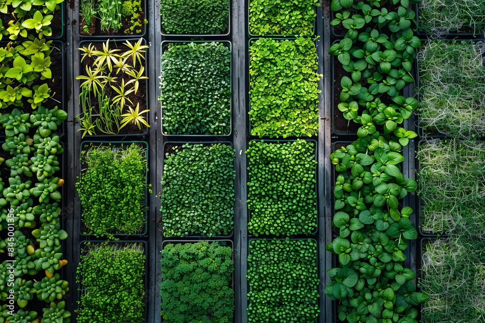 Poster A top-down view of a microgreen farm with rows of trays filled with different types of microgreens. Generative AI