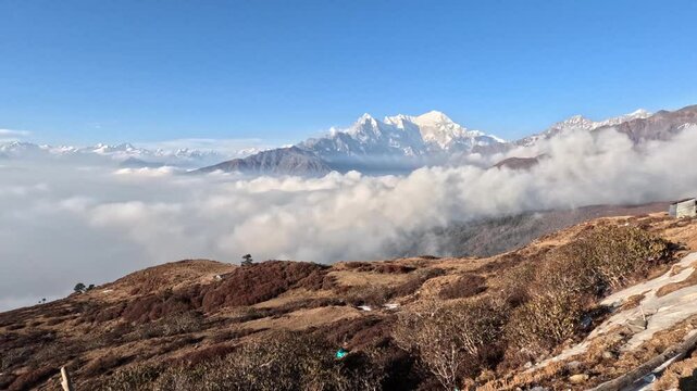 Timelapse Incredible mountain panorama of the snowy Ganesh Himaly mountain range. Blue sky cloud valley. Lauribina, Himalayas of Nepal. Langtang Trek and Gosaikunda Trek