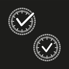 Clock icons. Checkmark symbols. Black and white vector. Time management.