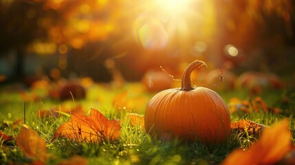 Autumn theme Pumpkin on grass with sun symbolizing harvest and holidays