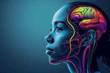 Obraz premium AI Brain Illustration in Profile, Neon Lines and Circuits, Futuristic Technology, Digital Intelligence, Cyberpunk Art, High Tech Neural Network