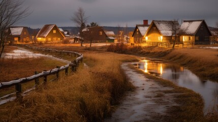 Fototapeta premium A house with a wooden fence sits on a grassy hillside next to a stream