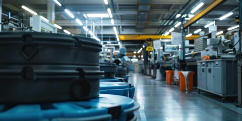 Industrial factory floor with blue and orange containers and machines for business and manufacturing industry concept